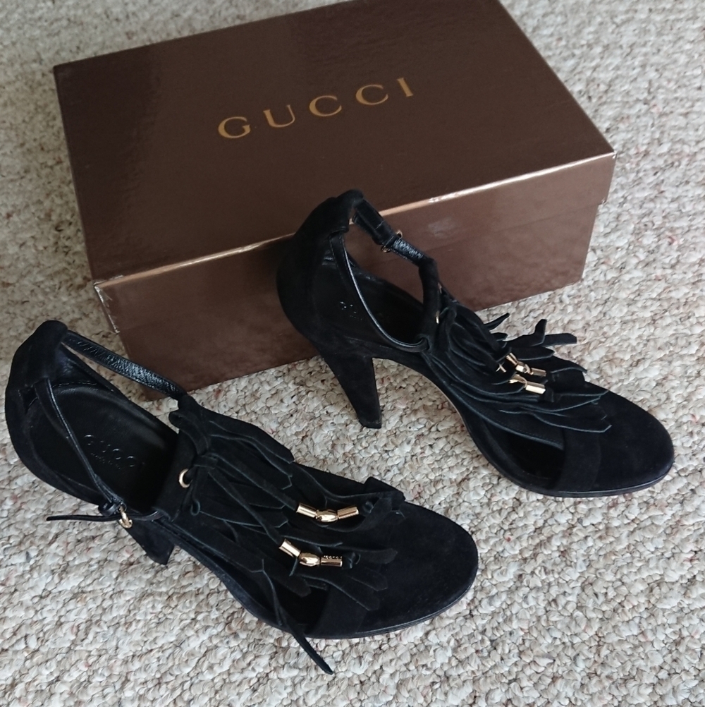 Gucci Black suede fringe strap heels Size 7b